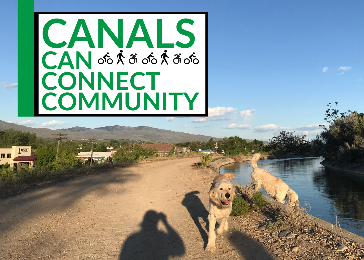 image of two dogs by a canal with Canals Can Connect Community tagline